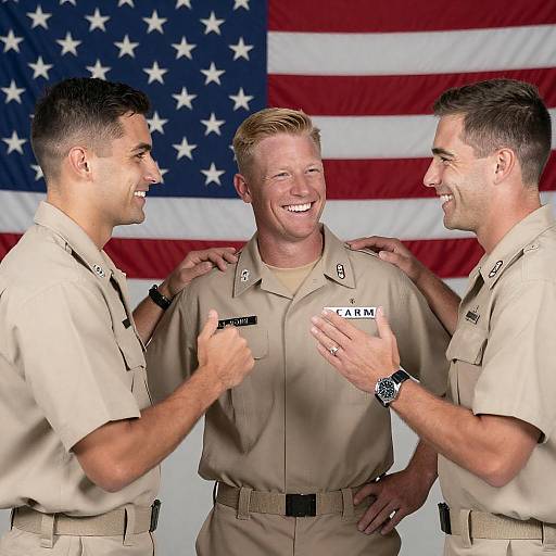 Three Soldiers Celebrating by American Flag