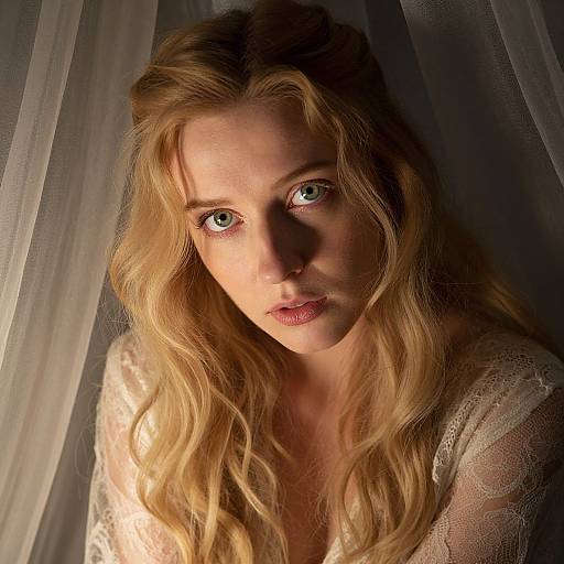 Photograph of a young blonde woman with long, wavy hair, pale skin, and blue eyes, wearing a sheer white lace top, illuminated by