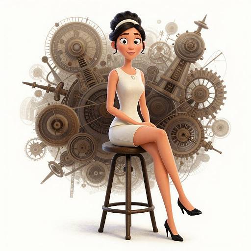 Digital cartoon of a smiling woman with black hair in a white dress and black heels, sitting on a stool, with intricate clockwork gears in the background