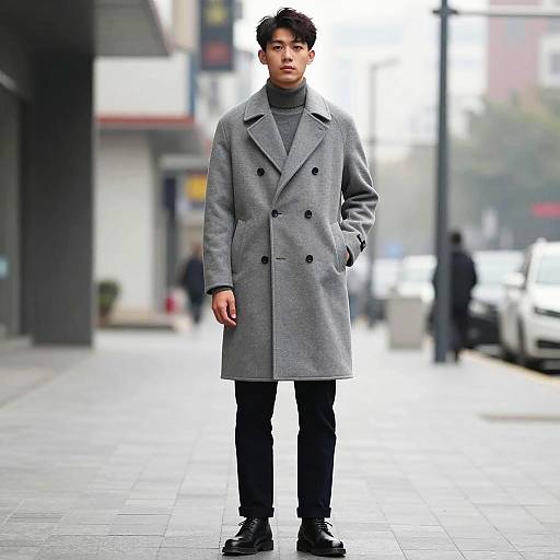 Young man in gray double-breasted overcoat