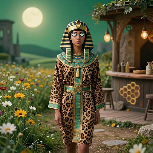Photograph of a young woman in an Egyptian-style leopard-print dress and striped headdress, standing in a colorful, moonlit garden, with a rustic