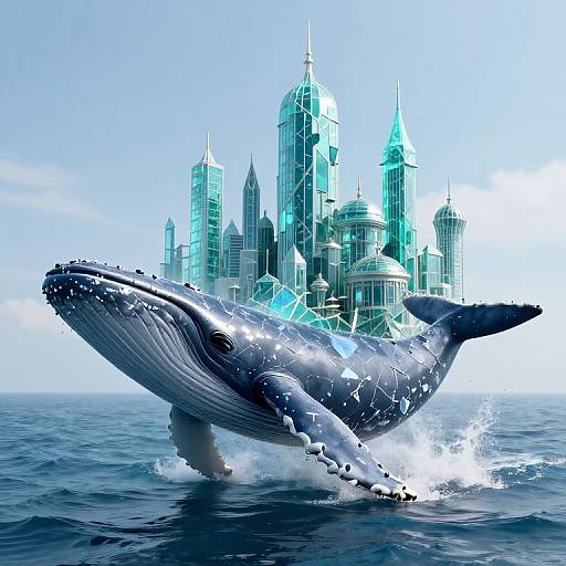 Digital artwork: A massive, splashing blue whale in the foreground, with a futuristic, glowing city skyline in the background against a bright blue sky and