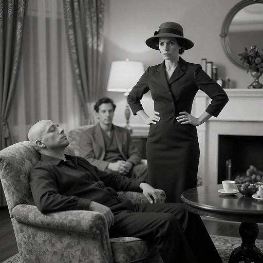 Stern Woman and Reclining Man in Vintage Living Room