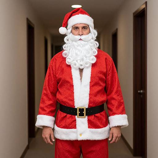 Photograph of a man in a full Santa Claus outfit with a white, curly fake beard, standing in a long, dimly lit hallway.