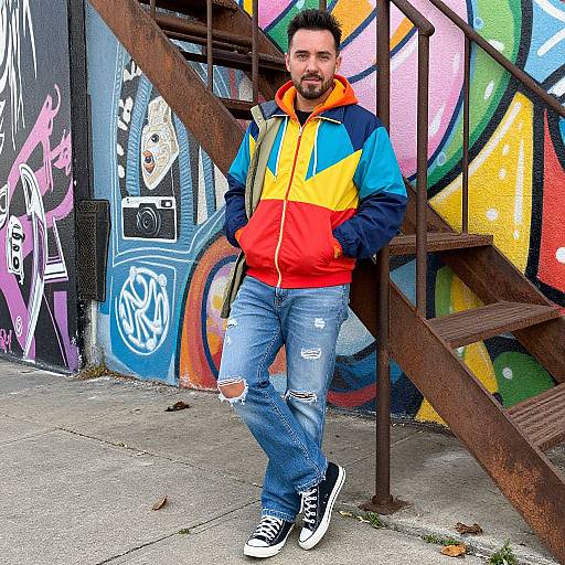 Photograph of a bearded man with short dark hair, wearing a colorful hoodie, ripped jeans, and black sneakers, leaning against a graffiti-covered urban
