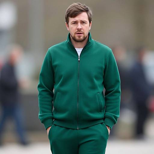 Photograph of a bearded man with short brown hair, wearing a green zip-up jacket and matching pants, standing confidently with hands in pockets, blurred