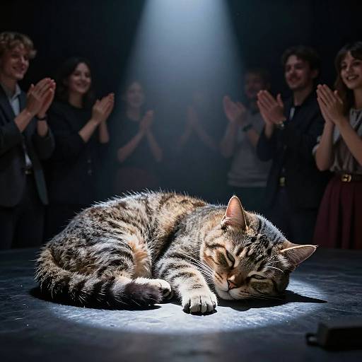 Photograph of a sleeping tabby cat on a stage, spotlight shining on it, with an audience clapping in the dimly lit background.