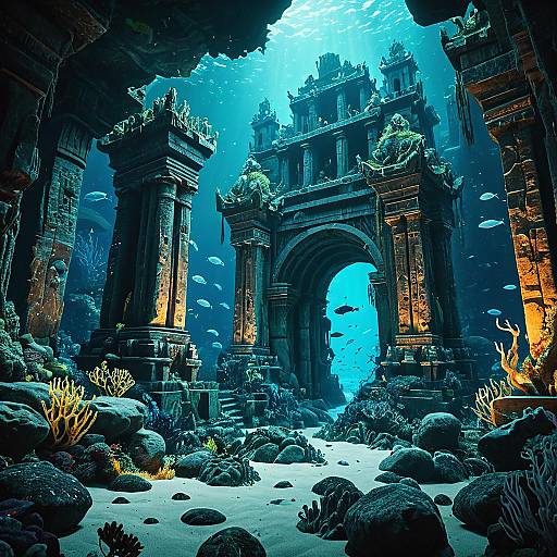 Ancient Underwater City Ruins with Stone Guardians