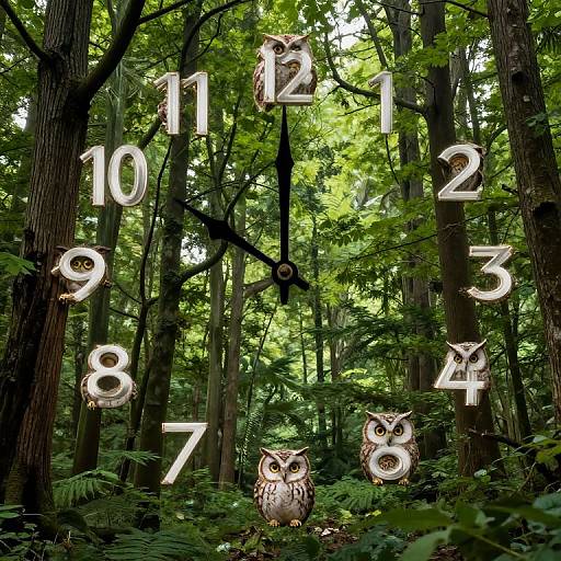 Photograph of a lush forest with white numbers and clock hands overlayed, featuring four owls: one at 1, 2, 4