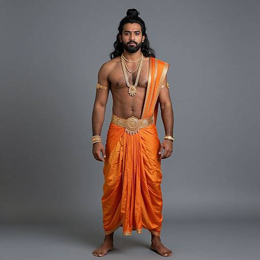 Photograph of a muscular Indian man with long black hair and beard, wearing an orange silk dhoti, gold jewelry, and a topknot
