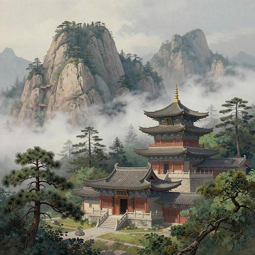 Serene East Asian Mountain Monastery Artwork