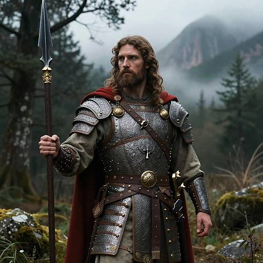 Photorealistic CGI of a bearded, long-haired man in medieval silver armor with a red cape, holding a spear, standing in a misty