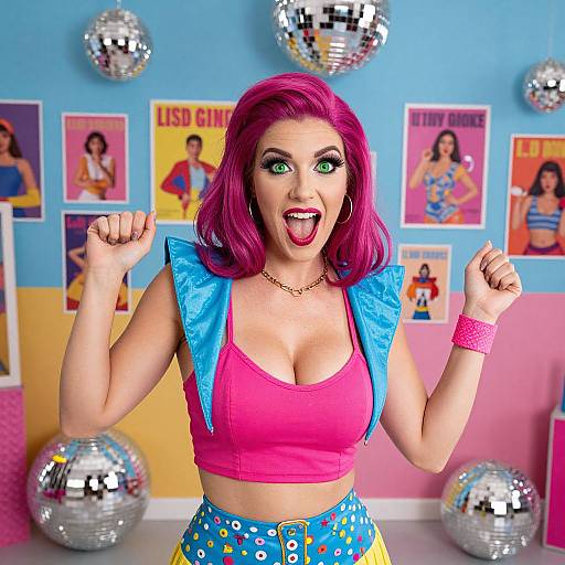 Colorful photo of a pink-haired woman with green eyes, wearing a pink crop top, blue jacket, and floral skirt, excitedly posing in front