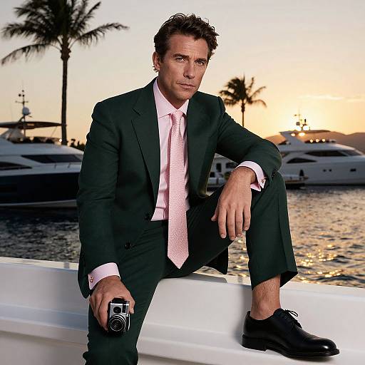 Photograph of a handsome, dark-haired man in a black suit, pink tie, and black shoes, sitting on a yacht at sunset, holding a