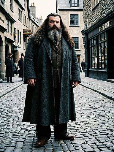 Tall Bearded Man on Cobblestone Street