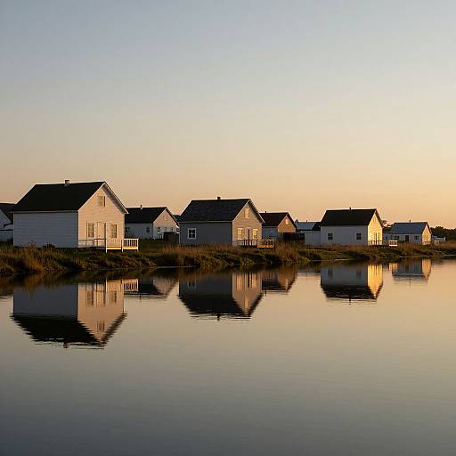 Photograph of serene waterfront at sunset, featuring row of white wooden houses with dark roofs, perfectly reflected in calm water.