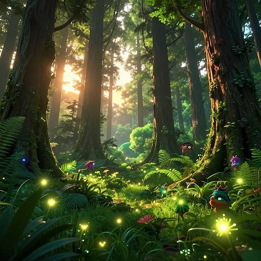 Photorealistic CGI forest scene with sunlight filtering through tall trees, glowing fireflies, vibrant ferns, colorful mushrooms, and lush greenery.