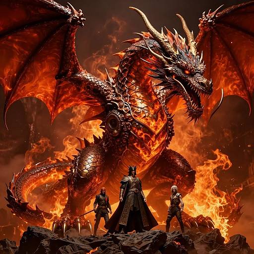 Digital artwork of three armored warriors facing a massive, fiery red and black dragon with wings spread, set against a blazing sky.