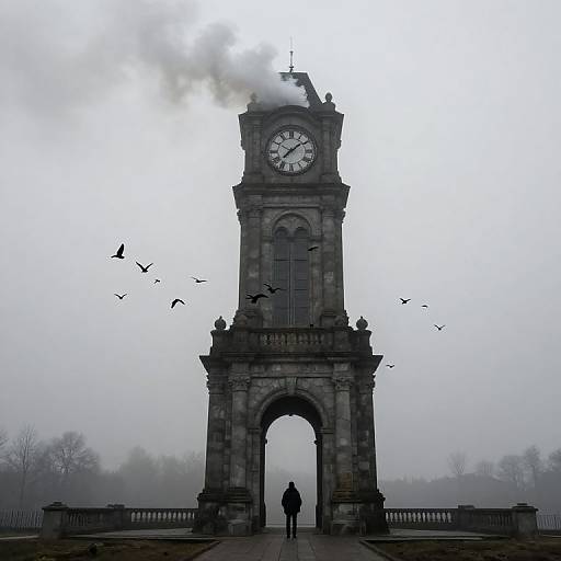 Photograph of a foggy, grey stone clock tower archway with silhouetted birds flying, and a solitary figure standing beneath.