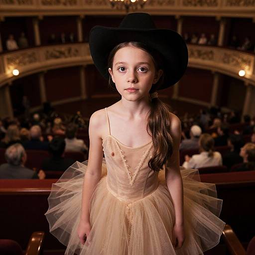 Photograph of a young girl with pale skin and brown hair in a black hat, wearing a sheer, beige tulle dress, standing in a dim