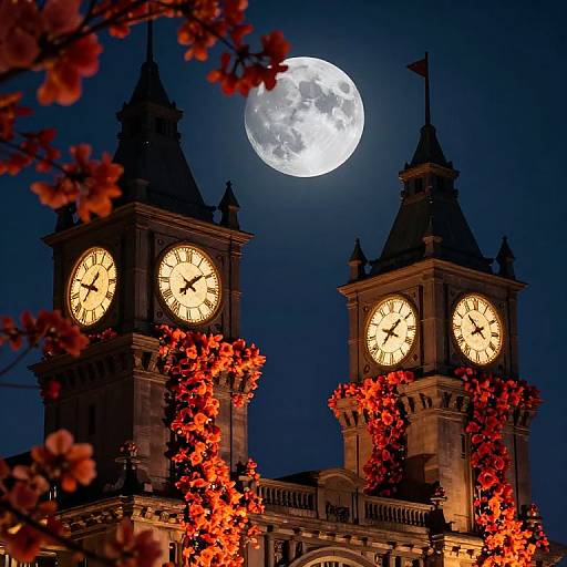 Photograph of a night sky with a bright full moon, illuminating two clock towers adorned with red autumn leaves, set against a dark blue background.