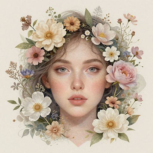 Digital painting of a fair-skinned woman with blue eyes, wearing a floral crown of white, pink, and yellow flowers, with delicate green leaves,