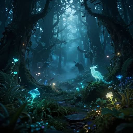 Mysterious blue-lit forest scene, featuring glowing fireflies, luminescent deer, and ethereal light filtering through dense, misty trees.