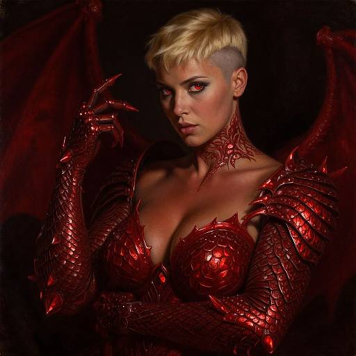Photorealistic digital portrait of a fierce, blonde, pixie-cut woman with red dragon scales, revealing cleavage, and bat wings, against a