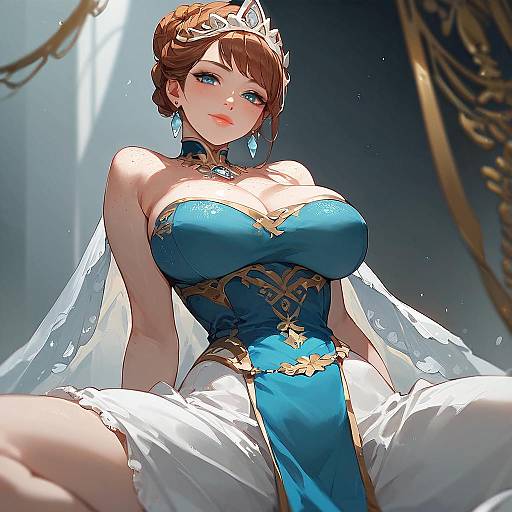 Digital anime-style artwork of a fair-skinned, brown-haired princess with blue eyes, large breasts, wearing a blue and gold dress, white veil,