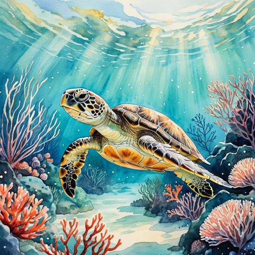 Gentle Sea Turtle in Underwater Coral Garden