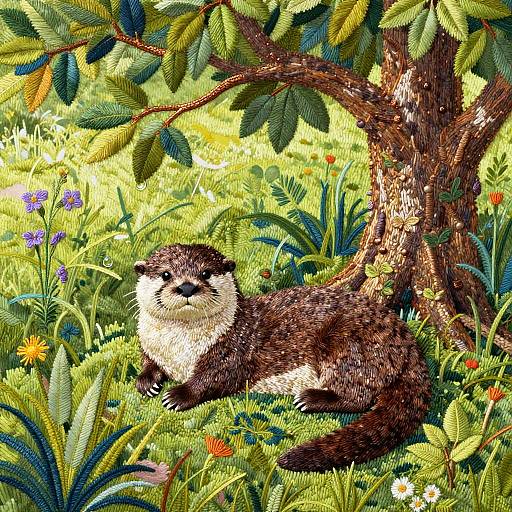 Embroidered Otter Under Tree of Life