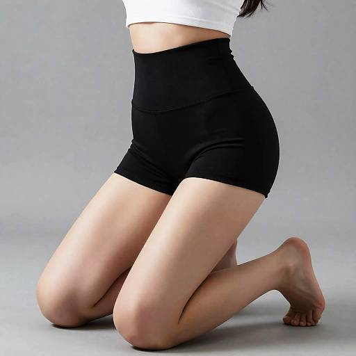 Woman Kneeling in High-Waist Black Shorts