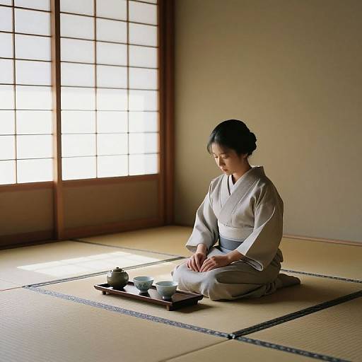 Photograph of a serene Japanese woman in a beige kimono, seated on a tatami mat, near a traditional shoji screen, with a te