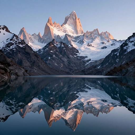 Photograph of a majestic mountain range with snow-capped peaks reflected in a calm, mirrored lake under a clear blue sky.