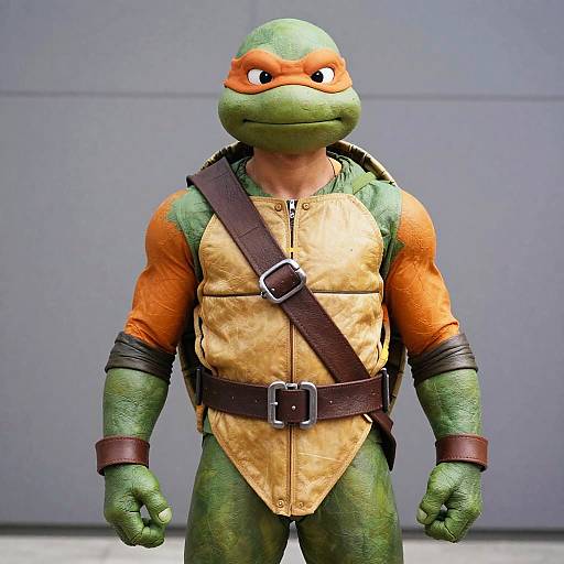 Photograph of a muscular man in a detailed, realistic Teenage Mutant Ninja Turtle costume, featuring green skin, orange mask, and brown belt,