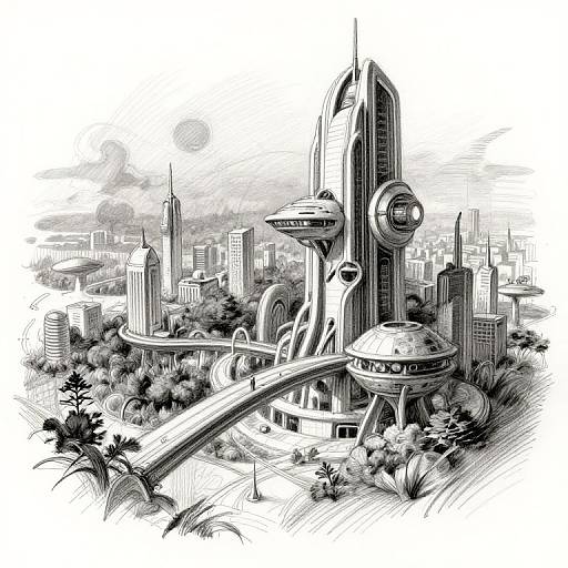 Black-and-white digital illustration of a futuristic cityscape featuring towering, curved skyscrapers with circular structures, connected by elevated bridges amidst lush greenery.