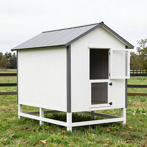 Photograph of a white wooden chicken coop with black trim, metal roof, and wire bottom, standing on grassy field.