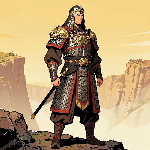 Digital artwork of a muscular, armored samurai with a helmet, standing on a rocky cliff at sunset, holding a sword.