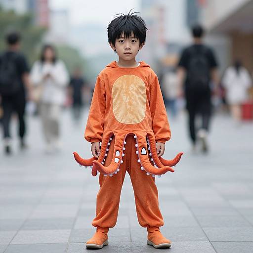 Photograph of a young Asian boy with black hair, wearing an orange octopus costume with tentacles, standing in a blurred urban street.