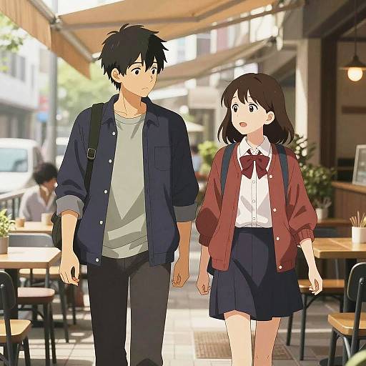 Anime-style drawing of a young couple walking in a sunlit, outdoor café; boy in navy shirt and jeans, girl in school uniform with red card
