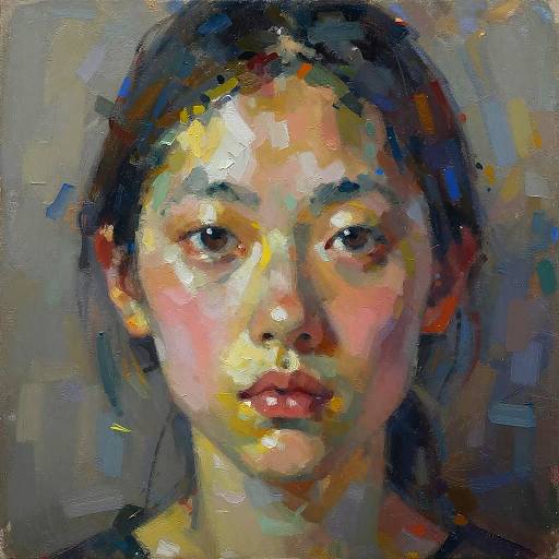 Impressionist-style digital painting of a young Asian woman with dark hair, large eyes, and pink lips, using bold, vivid colors and textured brush