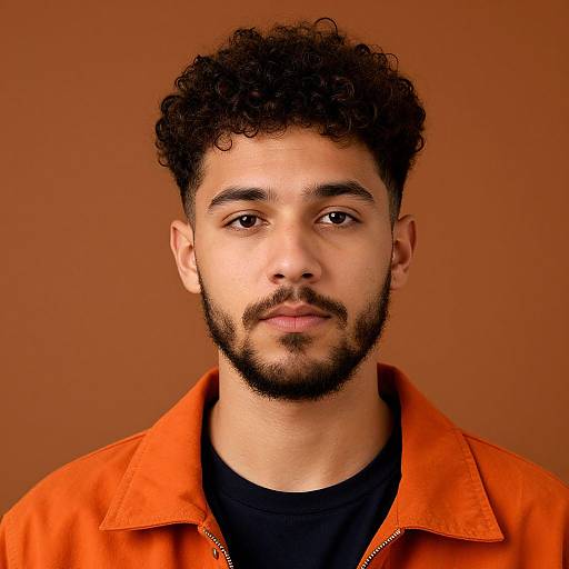 Photograph of a young Middle Eastern man with curly black hair, brown eyes, light brown skin, and a short beard, wearing an orange jacket over