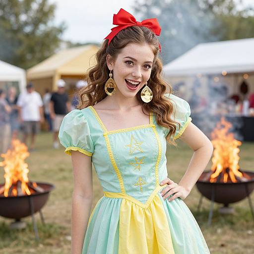 Photograph of a smiling young woman with curly brown hair, wearing a red bow, light blue and yellow dress, gold earrings, standing in front of