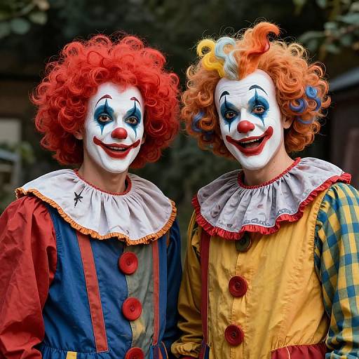Photograph of two colorful clowns with curly red and orange hair, white faces, and ruffled collars, smiling together outdoors.