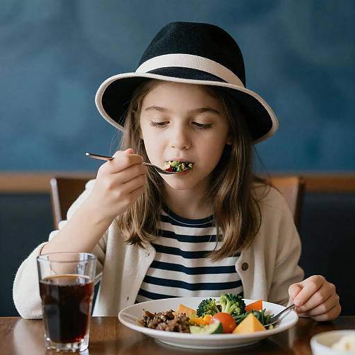 Young Girl Dining by Abstract Blue Wall
