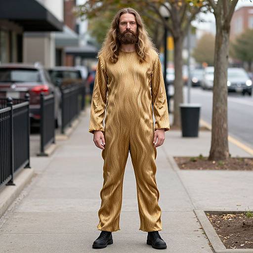 Photograph of a bearded man with long brown hair wearing a gold, metallic, full-body jumpsuit and black boots, standing on a city sidewalk