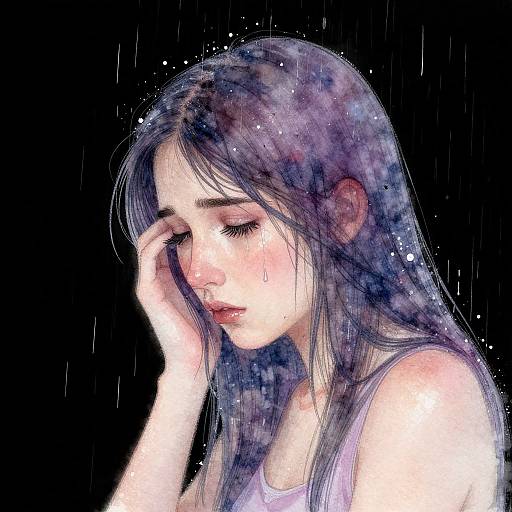 Digital painting of a sad, fair-skinned woman with long, starry blue hair, tears on her cheek, hand on forehead, wearing a white