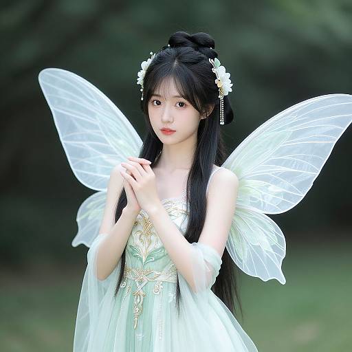 Digital artwork of an East Asian fairy with long black hair, white wings, and a green dress, standing in a blurred forest background. She wears a