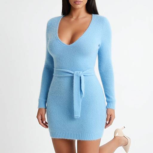 Photograph of a woman in a light blue, knitted, V-neck, long-sleeve mini dress with a tied waist, standing against a