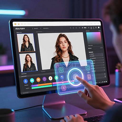 Photograph of a modern touchscreen monitor displaying a beauty app interface with a woman's face, colorful icons, and a finger touching a glowing circle button.